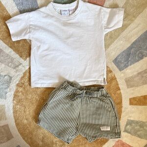 Zara White T-Shirt and Green Striped Shorts